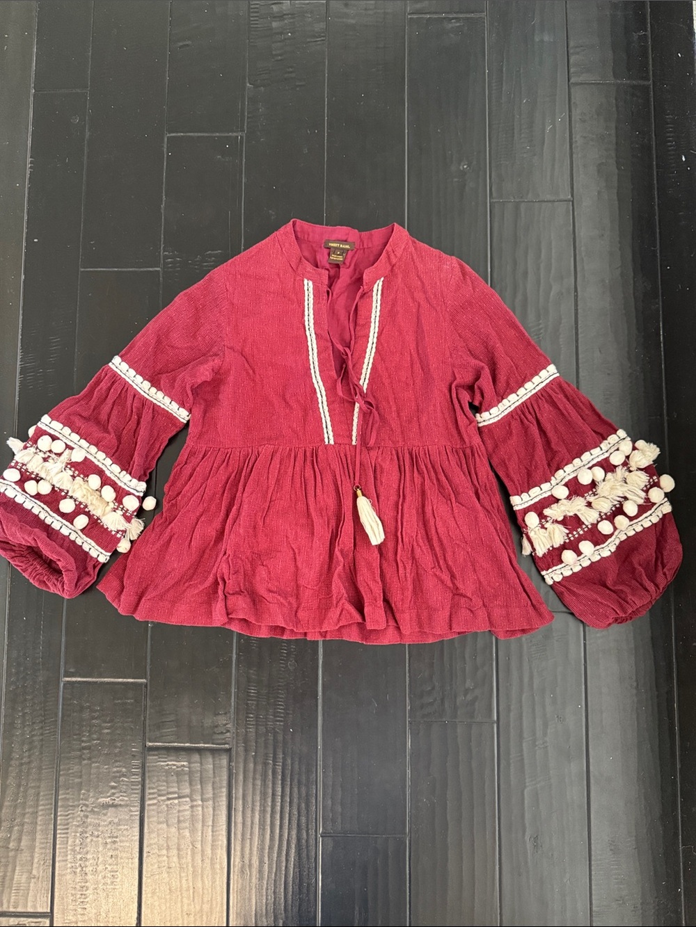 Wine Red Pom-Pom Blouse with Bell Sleeves